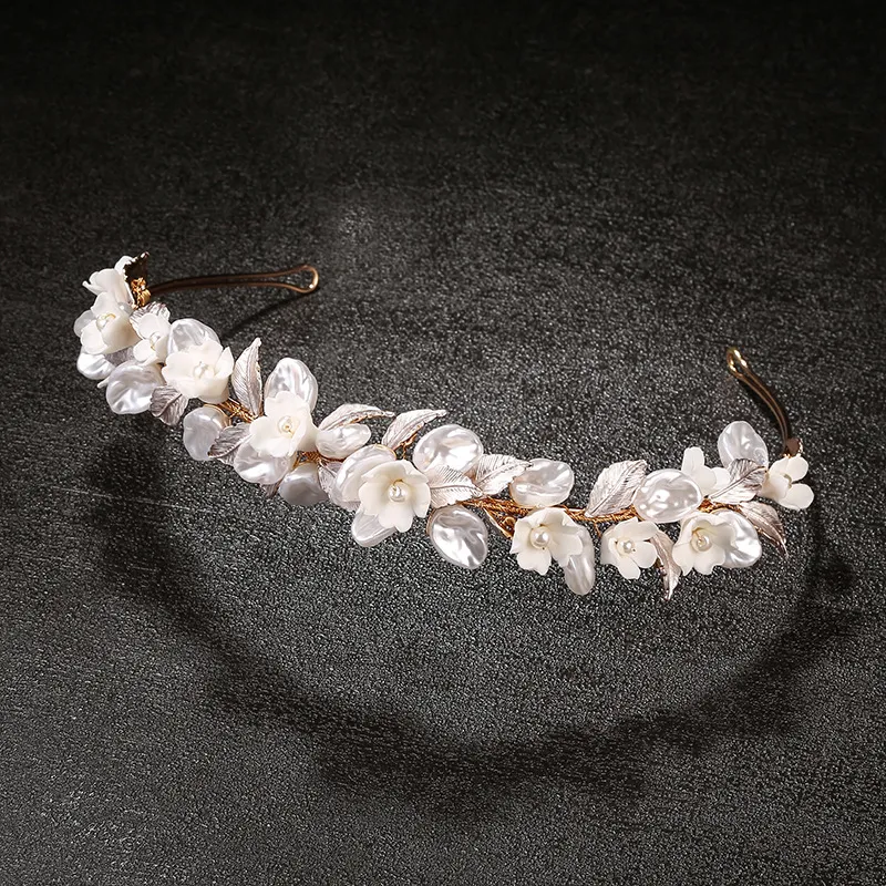Golden Leaf Bridal Headwear Ceramic Flower Hair Ring - Gold