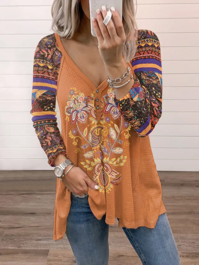 V neck Pullover Print Long sleeved Loose T shirt Women's Top Khaki - Shop at LoveMi