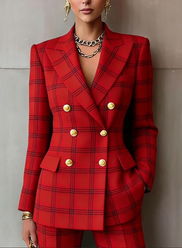 Retro Geometric Double-breasted Suit Jacket For Women, Long-sleeved, Slim Fit, Suitable For Commuting.