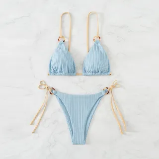Women's New Solid Color Strap Bikini Two Swimsuits - Blue