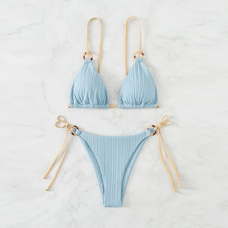 Women's New Solid Color Strap Bikini Two Swimsuits - Blue