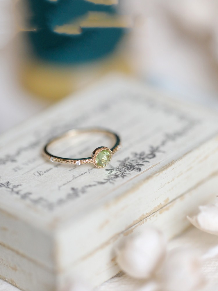 Natural Green Olive Rose Cut 925 Sterling Silver Gold Plated Ring