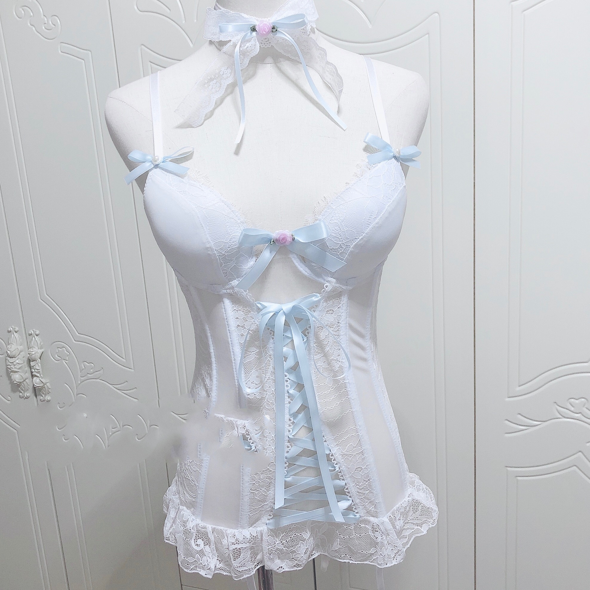 Title 2, Sweet Ribbon Bandage Bowknot White Lace Corset ...