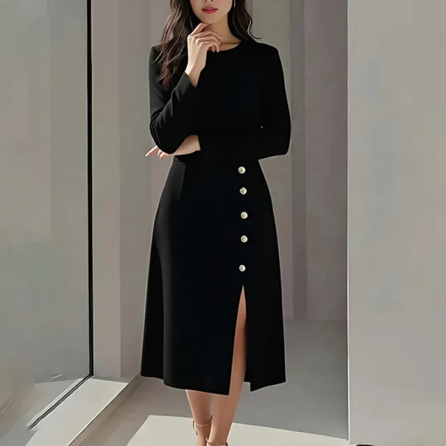 Women's Elegant Round Neck Solid Color Dress Black - Shop at LoveMi