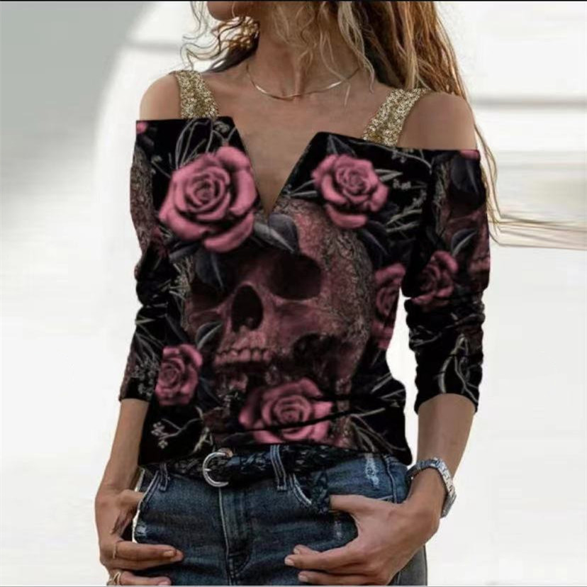 Loose Printed V-neck One-shoulder Long-sleeved T-shirt