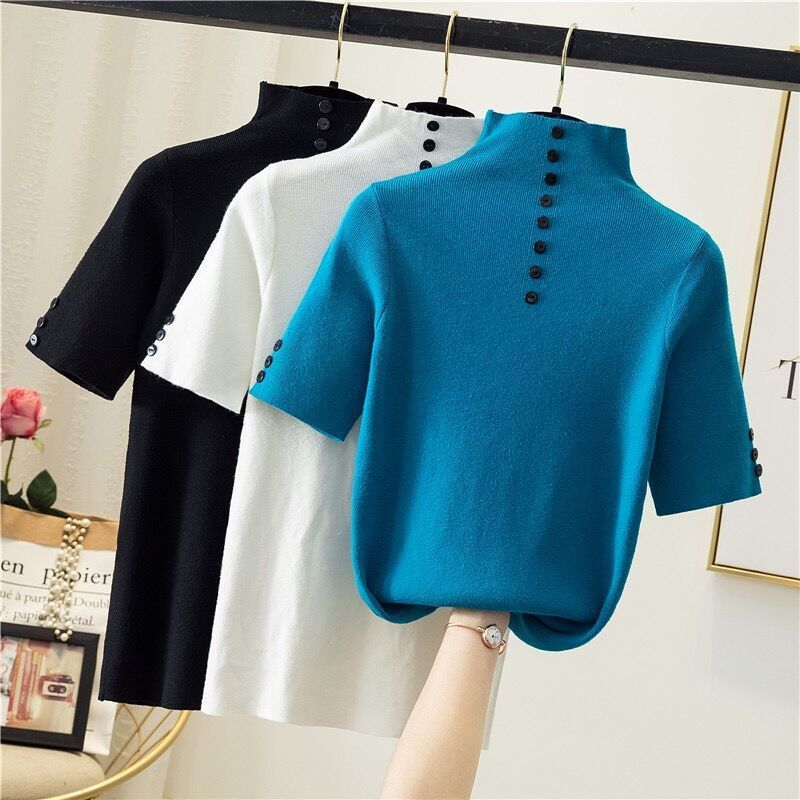 Title 2, T-shirt Bottoming Shirt Knitted Women Half High...