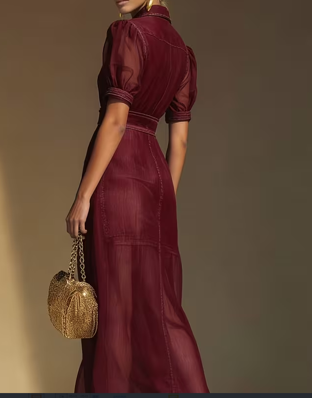 French Retro Bubble Sleeve Waist Cinching Long Skirt