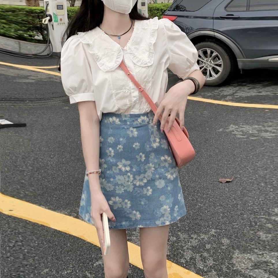 Title 1, Doll Collar Short Sleeve Shirt High Waist Flora...