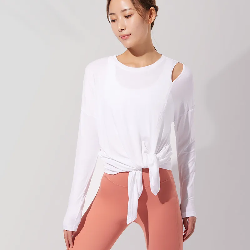 Sports Fitness Yoga Clothes Women's Loose Long Split Ends Knotted - White