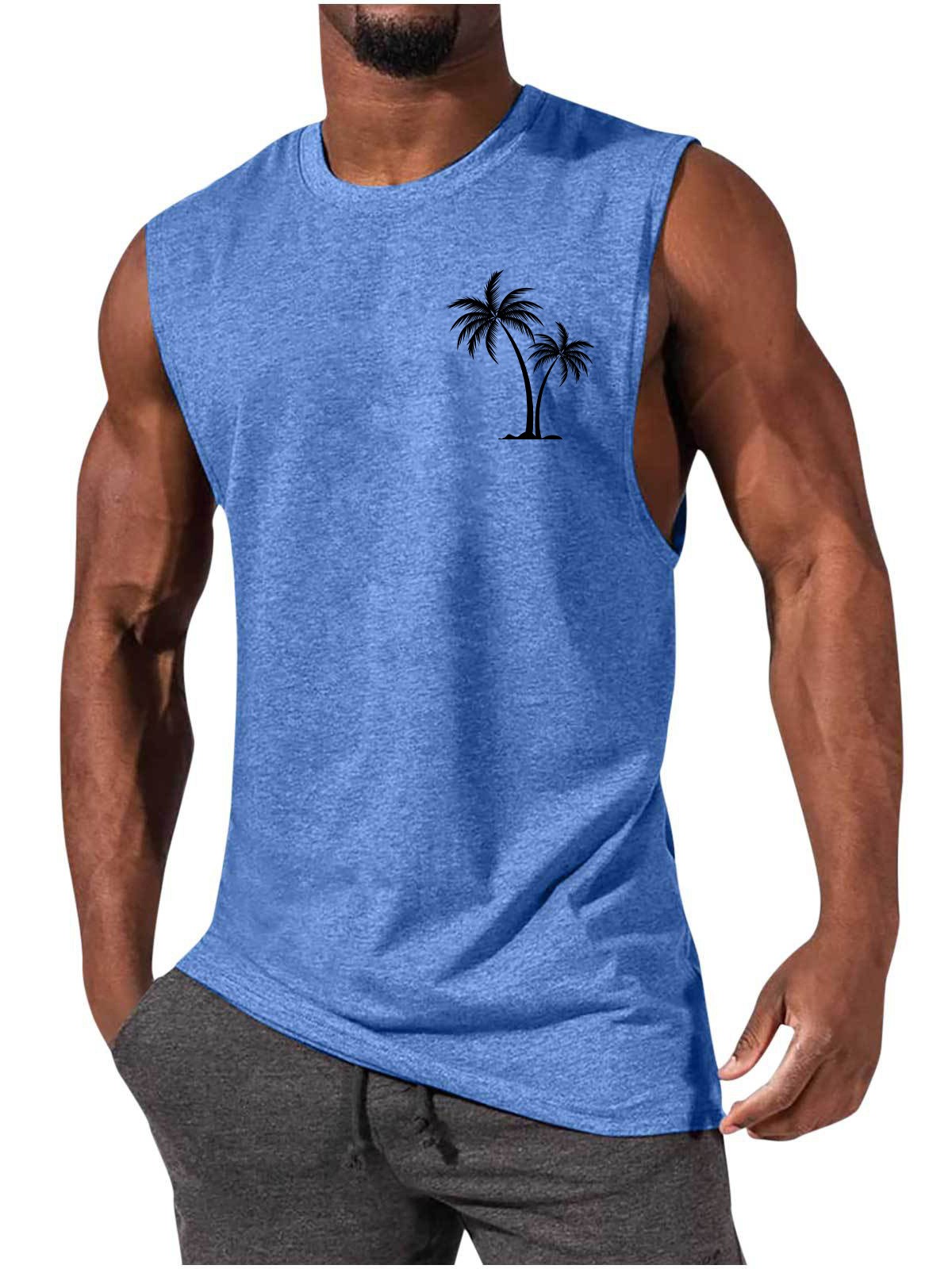 Coconut Tree Embroidery Vest Summer Beach Tank Tops Workout Muscle Men Sports Fi