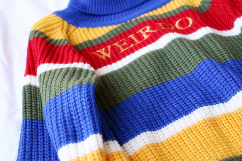 Title 10, Rainbow Stripes Letter Embroidery Turtleneck Lo...