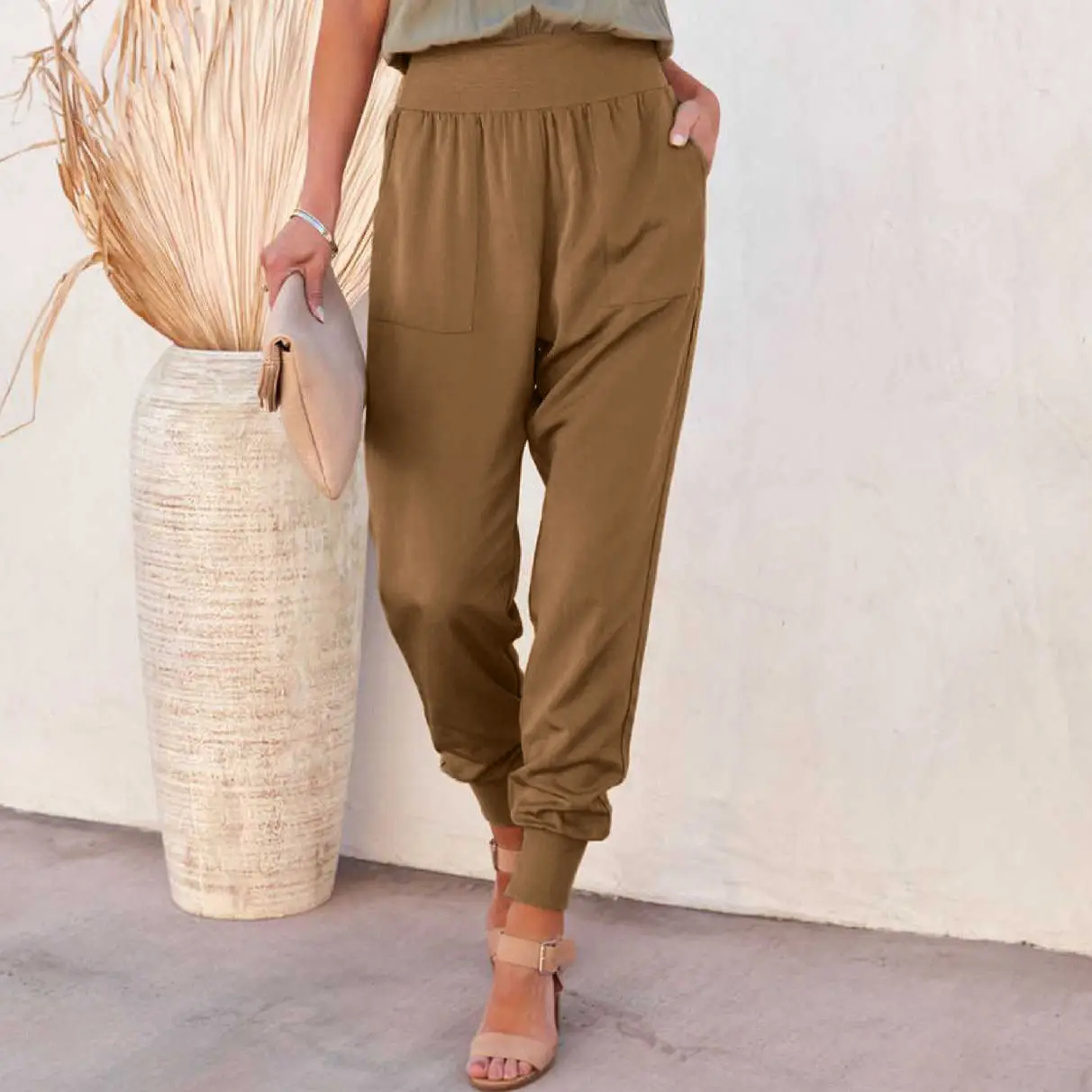 Women's High-waisted 9-point Trousers With Open Hem For Leisure