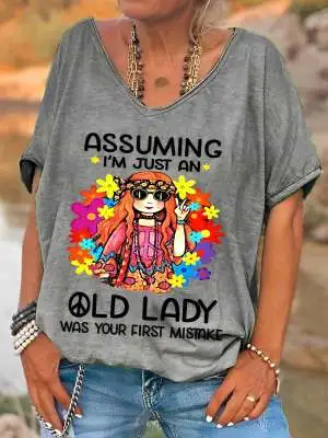 Women's Printed Wear Round Neck Casual Loose T shirt Women's Top Gray - Shop at LoveMi
