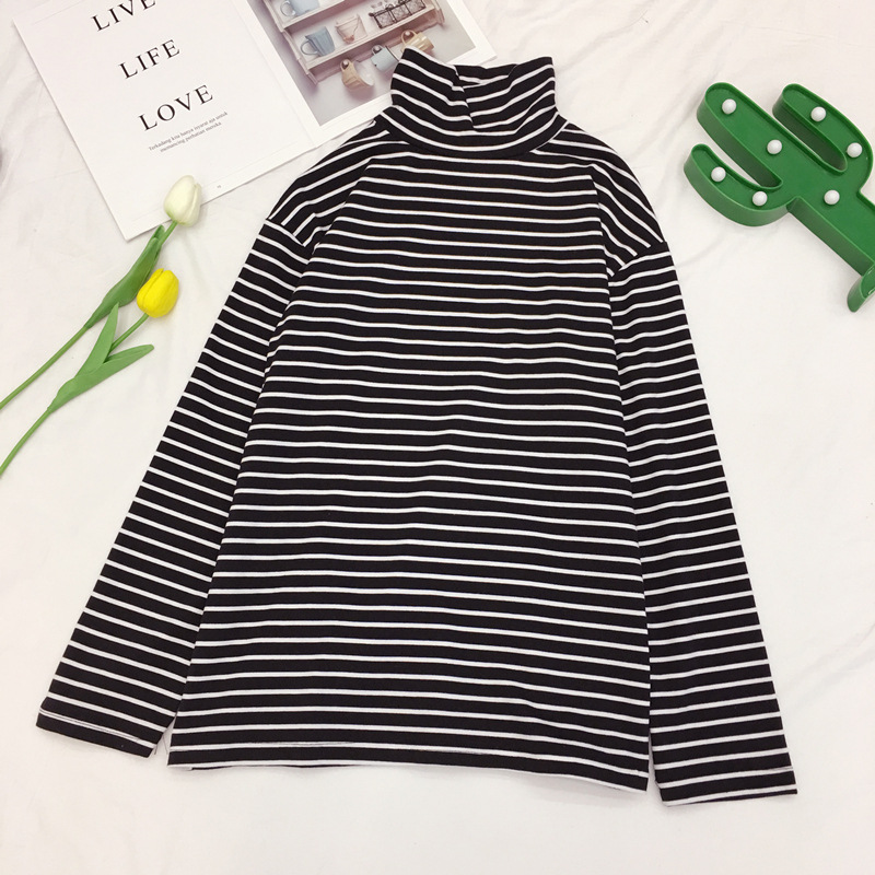 Striped Long-sleeved T-shirt Korean Version Of The Turtleneck Bottoming Shirt Students