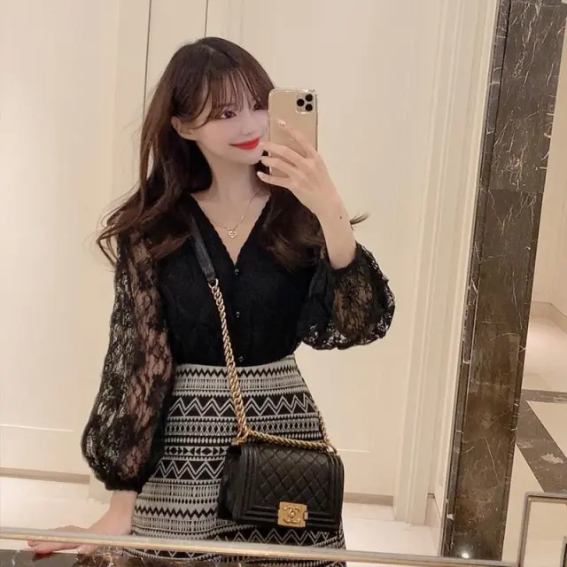 V neck Careful Machine Loose Versatile Shirt Woman Black - Shop at LoveMi