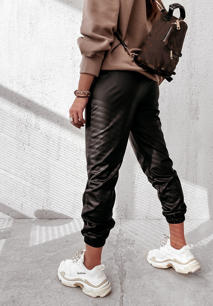 Women Solid Color Strapped Casual Leather Pants