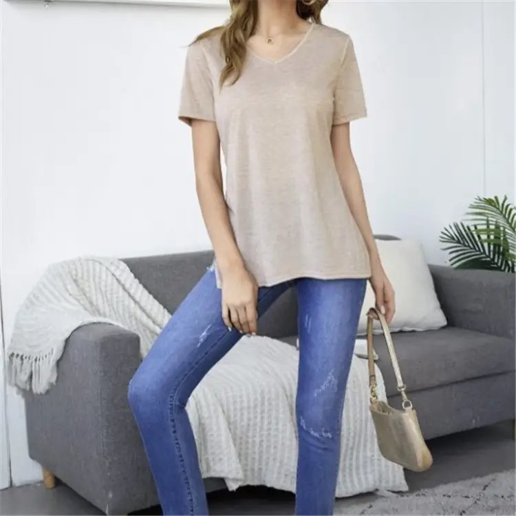 V-neck Side Seam High Slit Casual Short Sleeves