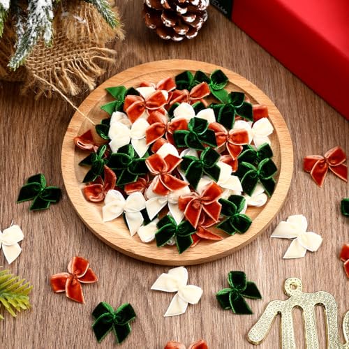180Pcs Christmas Mini Bows, Velvet Small Bow Xmas Green Beige Khaki Tiny Bows For DIY Crafts Gift Wrapping Hair Accessories Christmas Tree Decorations 3