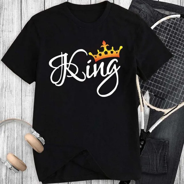 Crown Print Couple T Shirt Lovers Short Sleeve O Neck Loose Tshirt Fashion Woman Man Tee Shirt Tops Clothes Black King - Shop at LoveMi