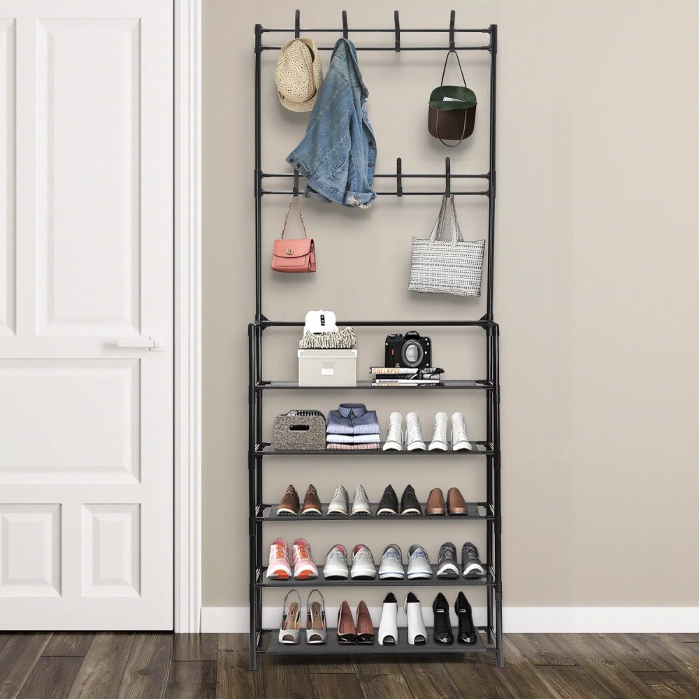 Coat and hat stand 8 hooks metal shoe rack 5 tiers shelf