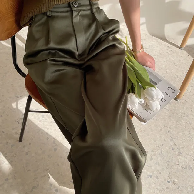 European And American Acetate Satin Straight Wide Leg Pants For Women Army Green Extended Version - Shop at LoveMi