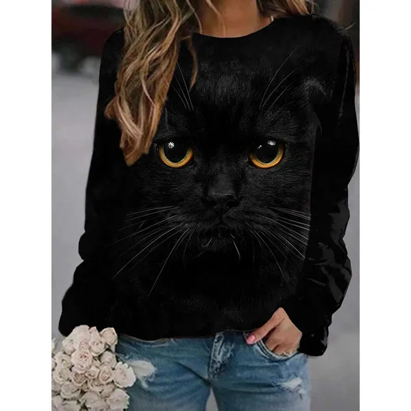 Casual Women's Cartoon Print Long sleeved T shirt Black - Shop at LoveMi