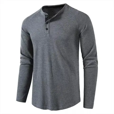 Classic Waffle Henley Tshirt Men New Crew Neck Long