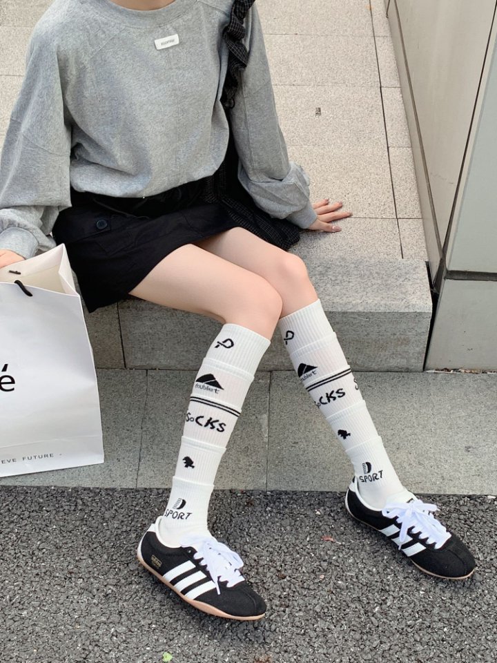 Multi-layered Spliced Letter Calf Socks, Sporty Sweet And Cool Hot Girl Football Socks, Over-the-knee Slouchy Long Socks