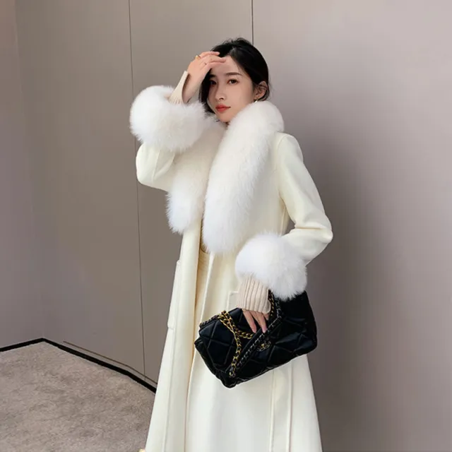 Korean Version Large Fur Collar Slim Fit Medium Long Woolen Coat White - Shop at LoveMi