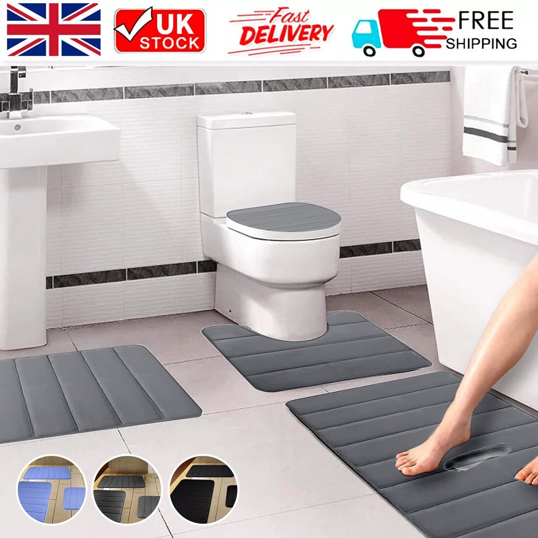 MEMORY FOAM BATH MAT PEDESTAL SET NON SLIP TOILET BATHROOM CONTOUR RUGS 3 PIECE — image 2