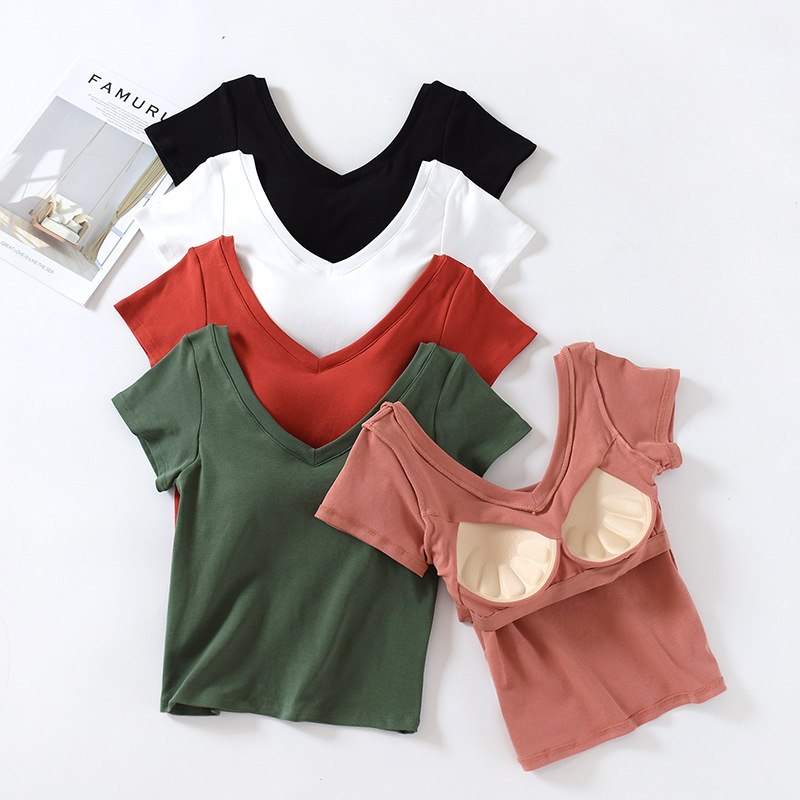 V-neck Large Round Collar Waist Cotton Padded Bra-free Cup One Half Sleeve Home Yoga Women