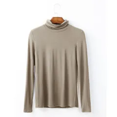 Oversize Women's Long Sleeved T-shirt Solid Colour High Collar Modal Undercoat - Camel - View 1