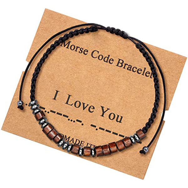 Title 12, Morse Code Bracelet Black Gallstone Wood Beads