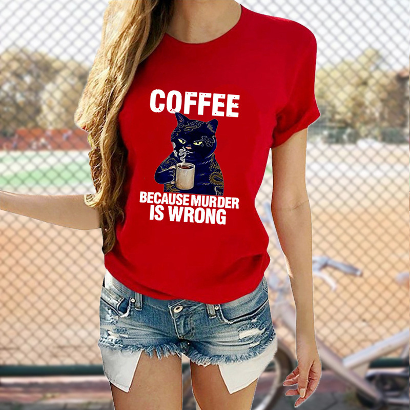 Title 2, Cat Cute Print T-shirt Round Neck Short Sleeve Top