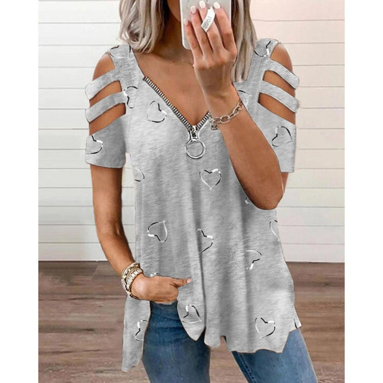 Title 8, V-neck Zipper Printing Short-sleeved Loose Casu...