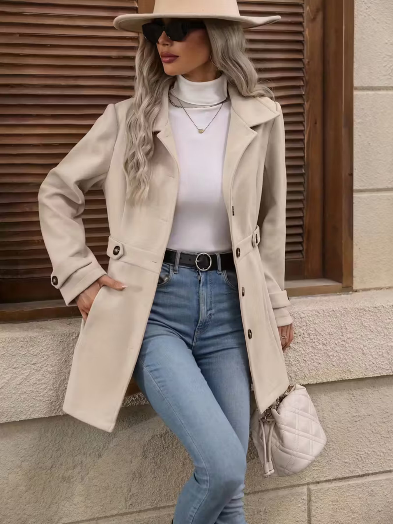 New Style Women's Autumn And Winter Medium-length Elegant Woolen Coat, Lapel Button Elegant Slim-fitting Woolen Coat