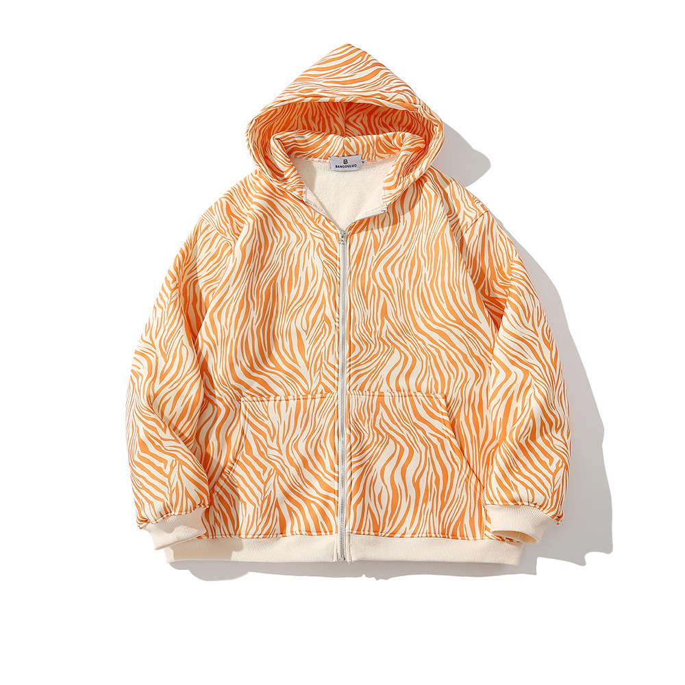 Zebra Print Plus Velvet Cardigan Hooded Sweatshirt