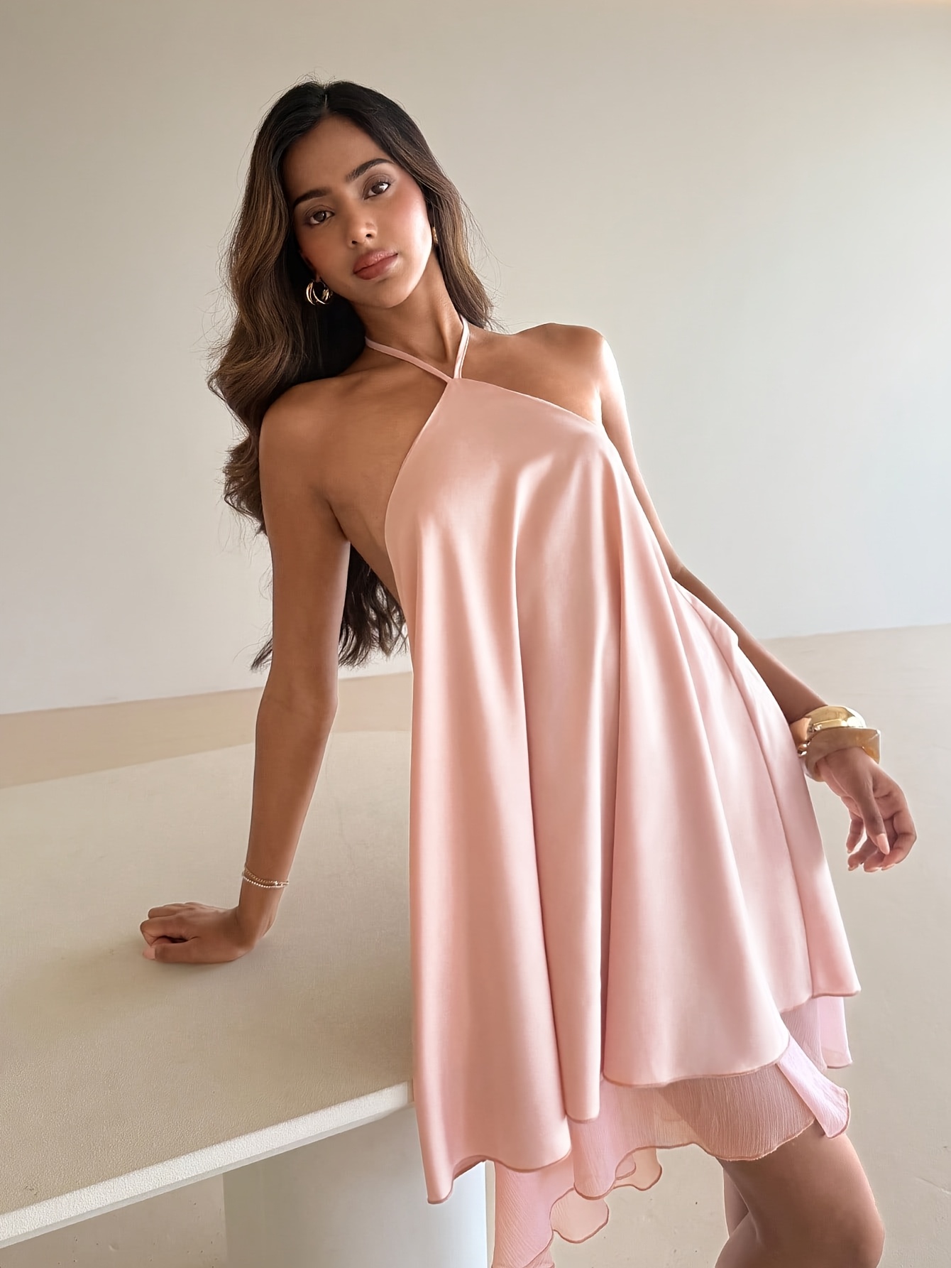 Women's Summer New Fashion Elegant Halter Neck Short Solid Color A-line Dress Suitable For Going Out And Dating - Image 1