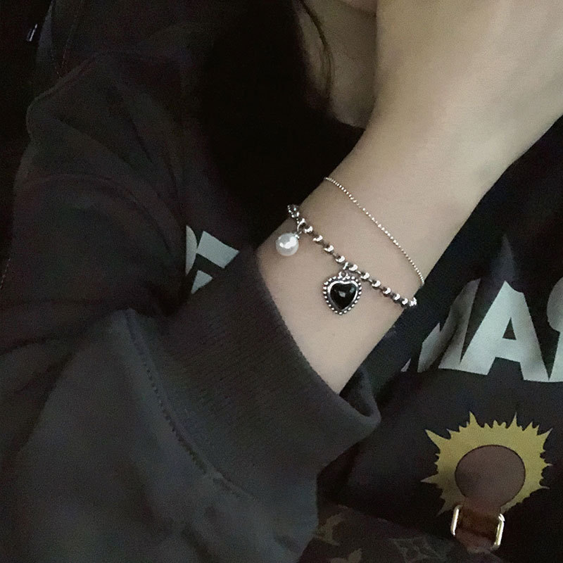 Korea 925 Sterling Silver Black Love Pearl Bracelet Female Student Ins Temperament