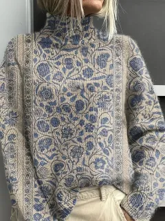 Women's Vintage Floral Print Pullover - Turtleneck Long Sleeve Loose Fit Polyester Top - 2Style - View 1