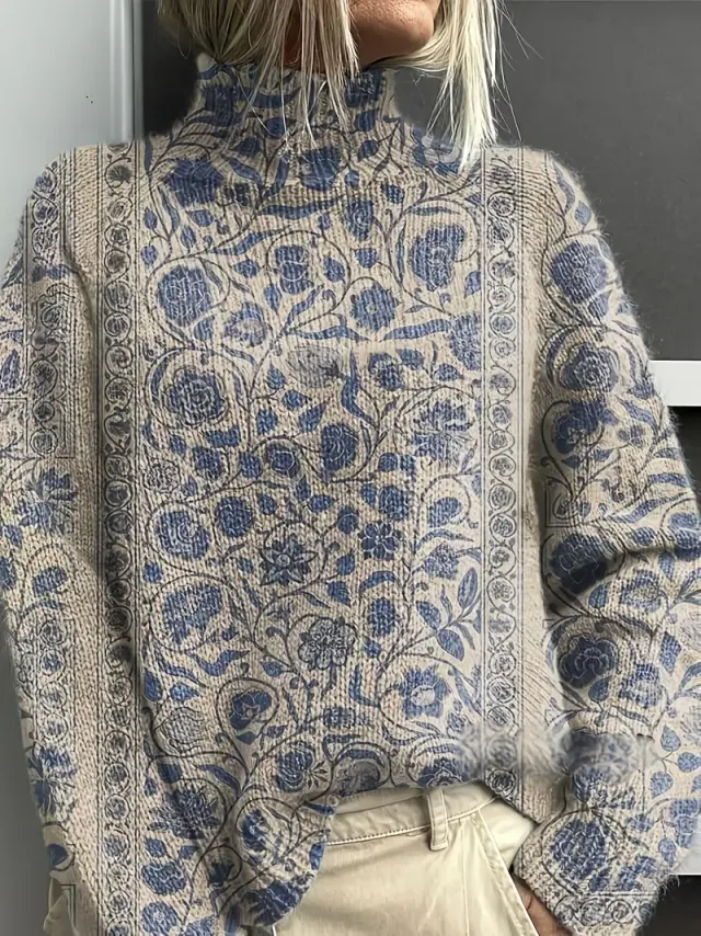 Women's Vintage Floral Print Pullover Turtleneck Long Sleeve Loose Fit Polyester Top 2Style - Shop at LoveMi