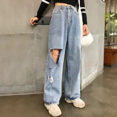 High Waist Loose All-match Chic Student Wide-leg Trousers - Blue - View 1