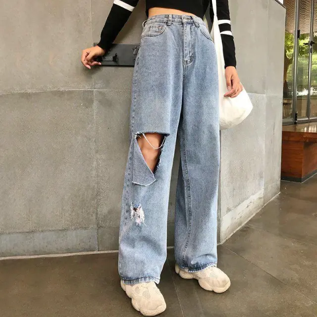 High Waist Loose All match Chic Student Wide leg Trousers Blue - Shop at LoveMi