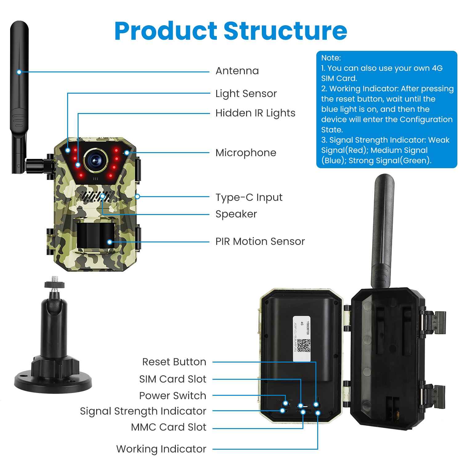 1Pc 4G 4K 30FPS Solar Trail Camera Outdoor Wildlife Camera Motion Activated IP66 Waterproof With 140 Degree Viewing Angle No Glow Night Vision SIM Card APP Control No WiFi Needed