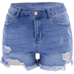 Four-colour Ripped High Waist Women's Denim Shorts - Light Blue - View 1