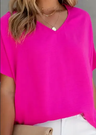 Solid Versatile Blouse, Casual V Neck Short Sleeve Blouse, Women's Clothing Rose Red - Shop at LoveMi