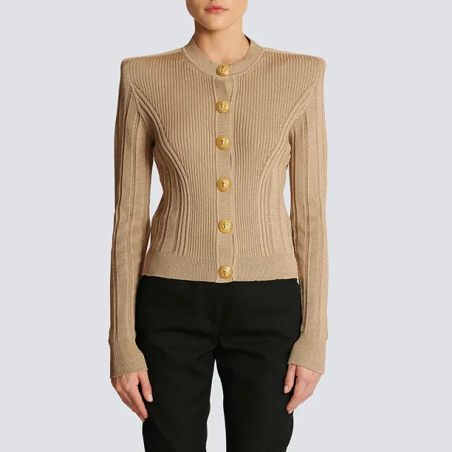 Single Breasted Gold Button Westernized Sweater Thin Coat Khaki - Shop at LoveMi