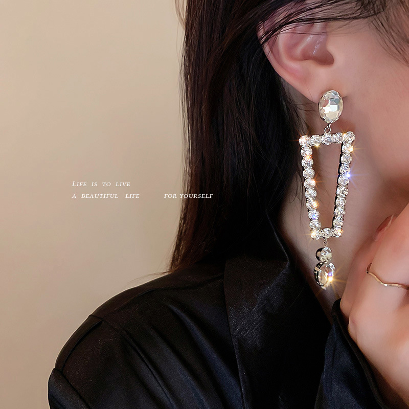 Silver Needle Diamond Water Drop Asymmetrical Tassel Earrings Long