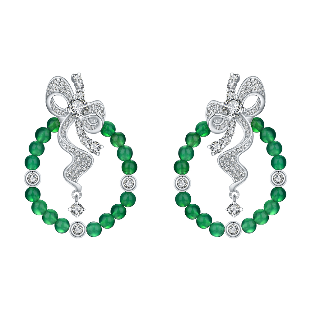 S925 Sterling Silver Bow Hoop Earrings, Round Green Chrysoprase Beaded Dangle Earrings, Platinum Plated 6.4g Elegant Jewelry Gift For Women With Box