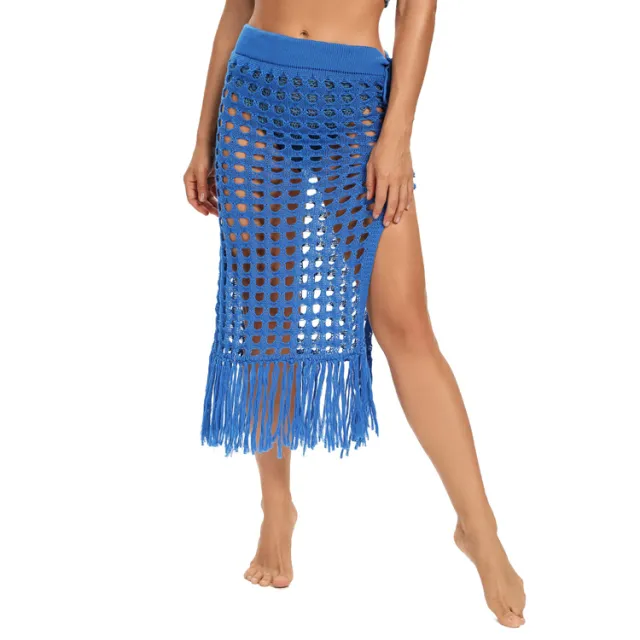 Ladies Fashion Slit Fringe Beach Skirt Sky Blue - Shop at LoveMi